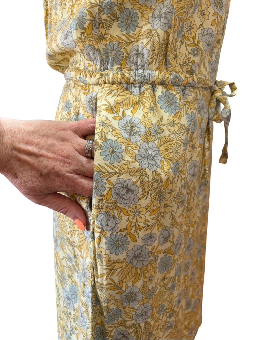 Denver Hayes Floral Sleeveless Dress Tie Waist Yellow Blue XS - Picture 3 of 9